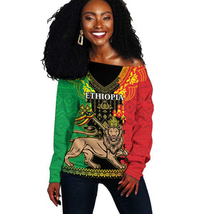 Personalised Afro Ethiopia Off Shoulder Sweater Lion Of Judah - African Pattern