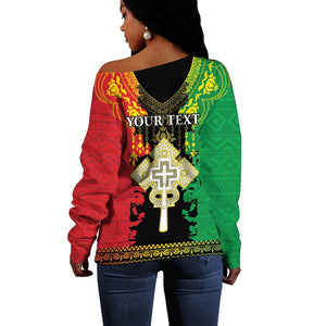 Personalised Afro Ethiopia Off Shoulder Sweater Lion Of Judah - African Pattern