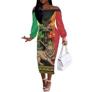 Personalised Afro Ethiopia Off The Shoulder Long Sleeve Dress Lion Of Judah - African Pattern