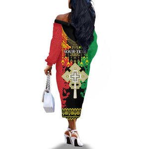 Personalised Afro Ethiopia Off The Shoulder Long Sleeve Dress Lion Of Judah - African Pattern