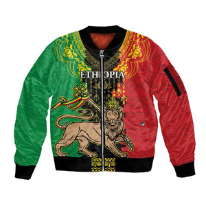 Personalised Afro Ethiopia Sleeve Zip Bomber Jacket Lion Of Judah - African Pattern