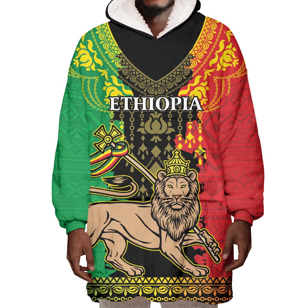 Personalised Afro Ethiopia Wearable Blanket Hoodie Lion Of Judah - African Pattern