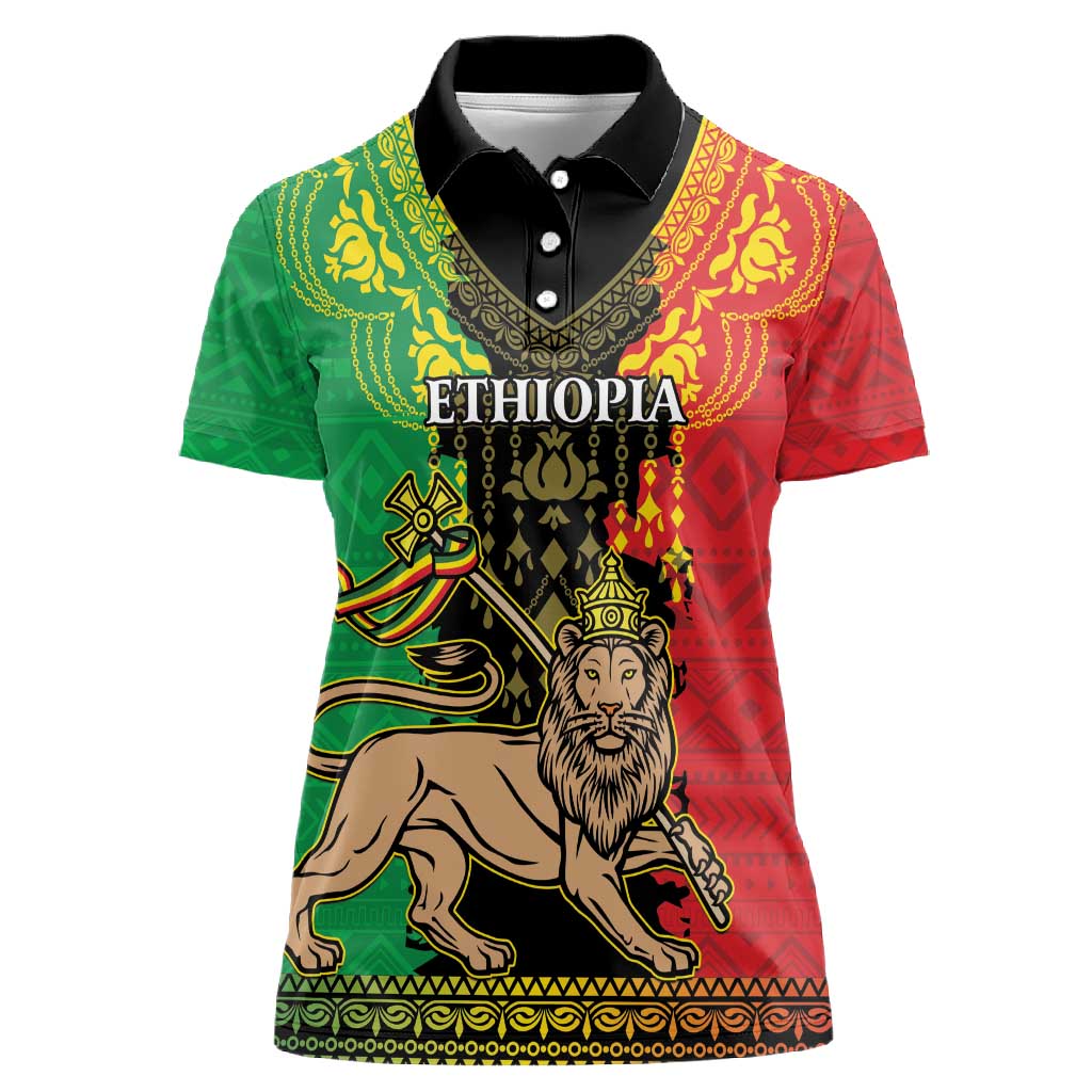 Personalised Afro Ethiopia Women Polo Shirt Lion Of Judah - African Pattern