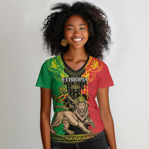 Personalised Afro Ethiopia Women V-Neck T-Shirt Lion Of Judah - African Pattern