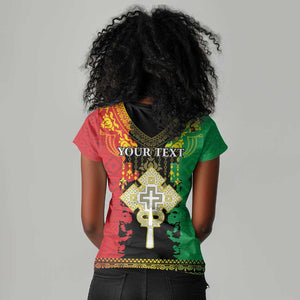 Personalised Afro Ethiopia Women V-Neck T-Shirt Lion Of Judah - African Pattern