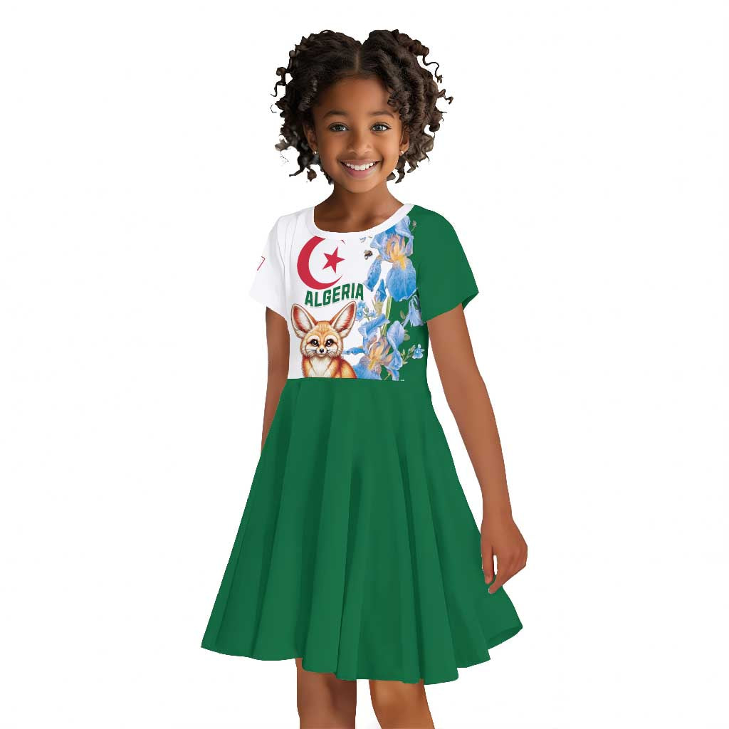 Afro Algeria Kid Short Sleeve Dress Fennec Fox With Blue Isris Flower