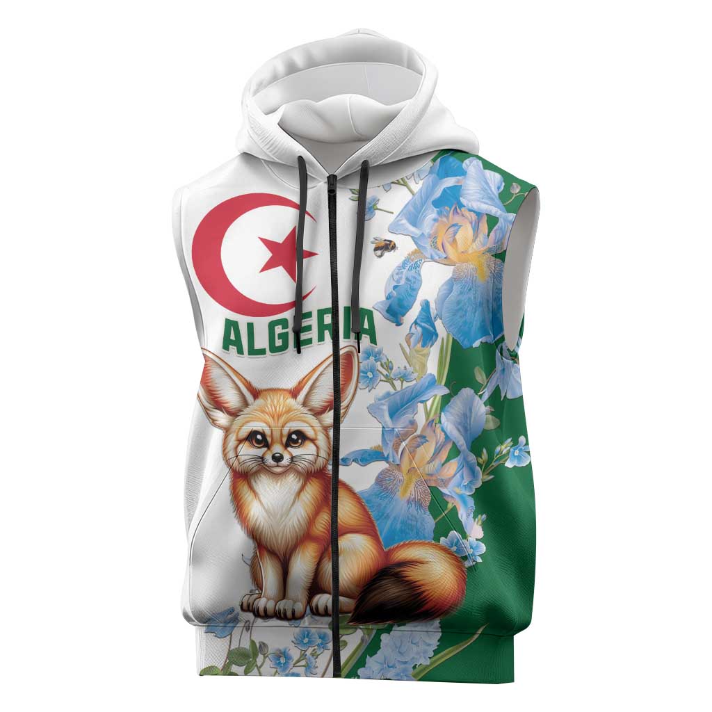 Afro Algeria Sleeveless Zip Hoodie Fennec Fox With Blue Isris Flower - African Pride