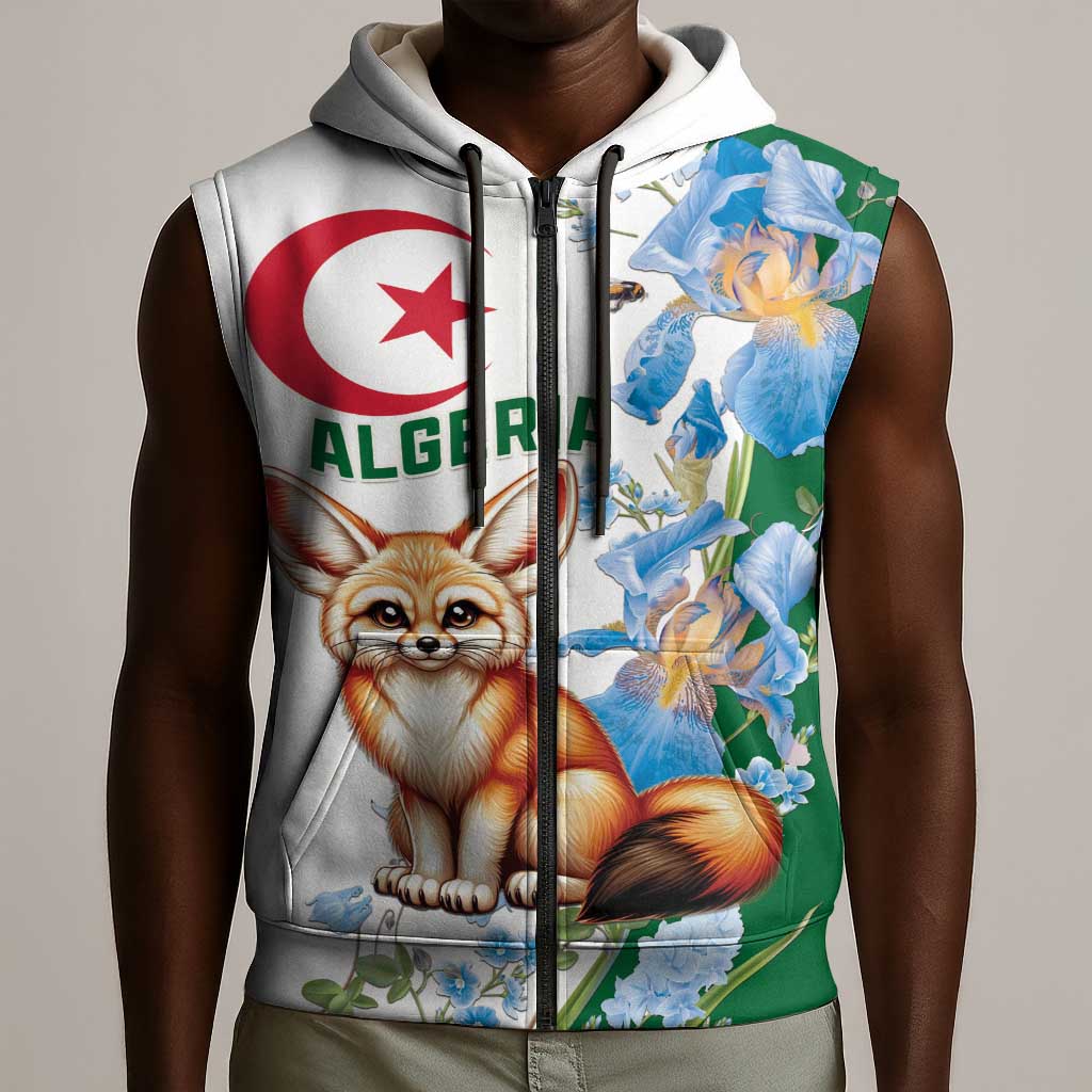 Afro Algeria Sleeveless Zip Hoodie Fennec Fox With Blue Isris Flower - African Pride