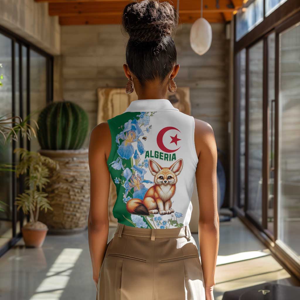 Afro Algeria Women Sleeveless Polo Shirt Fennec Fox With Blue Isris Flower