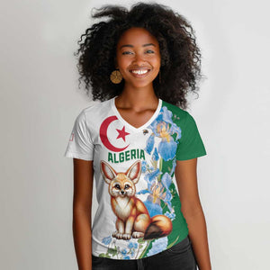 Afro Algeria Women V-Neck T-Shirt Fennec Fox With Blue Isris Flower