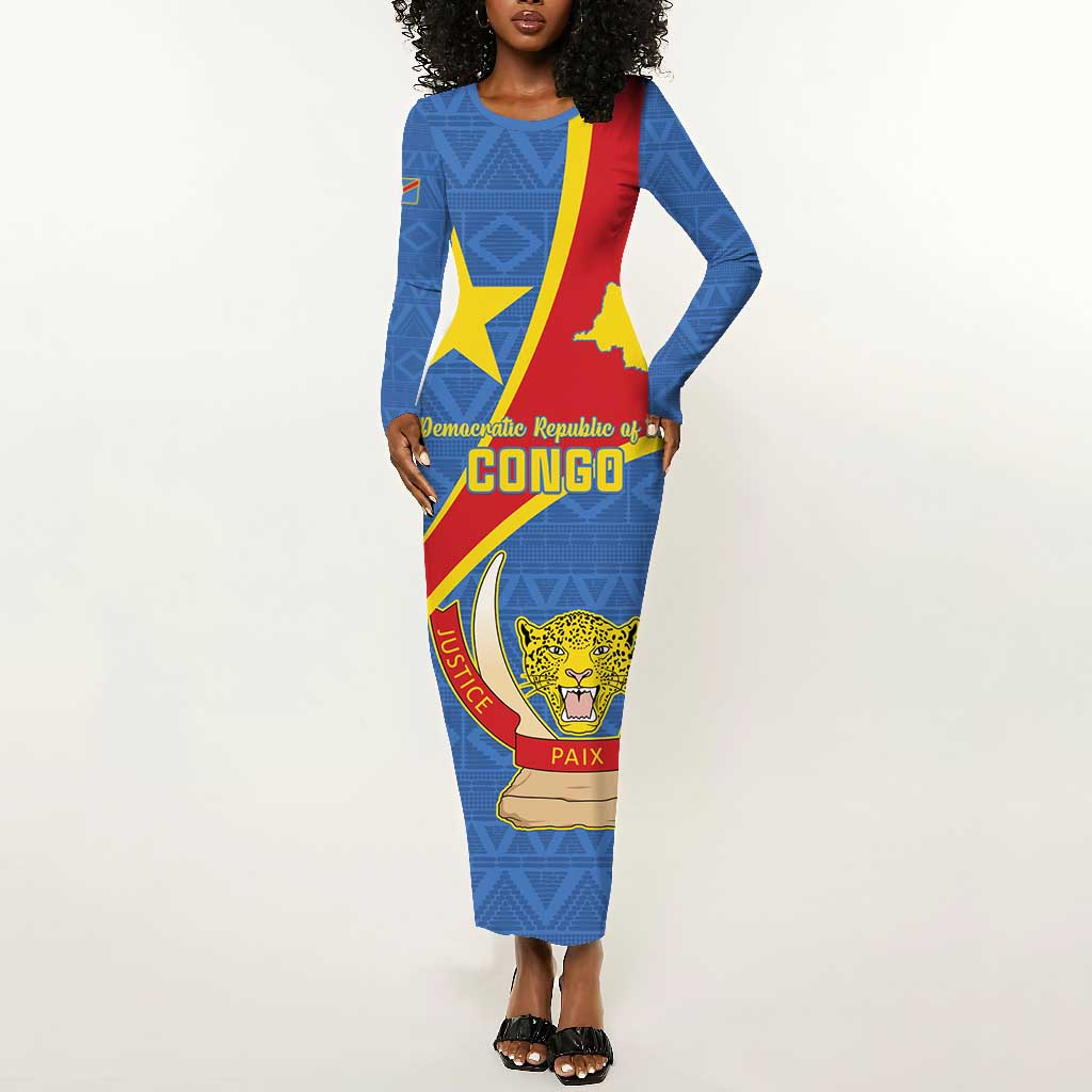 Personalised DR Congo Long Sleeve Bodycon Dress Coat Of Arms With Map LT15