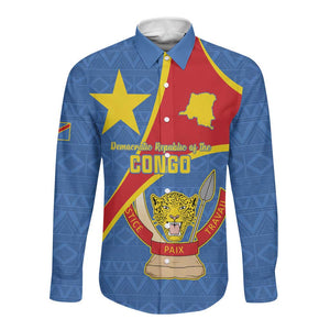 Personalised DR Congo Long Sleeve Button Shirt Coat Of Arms With Map