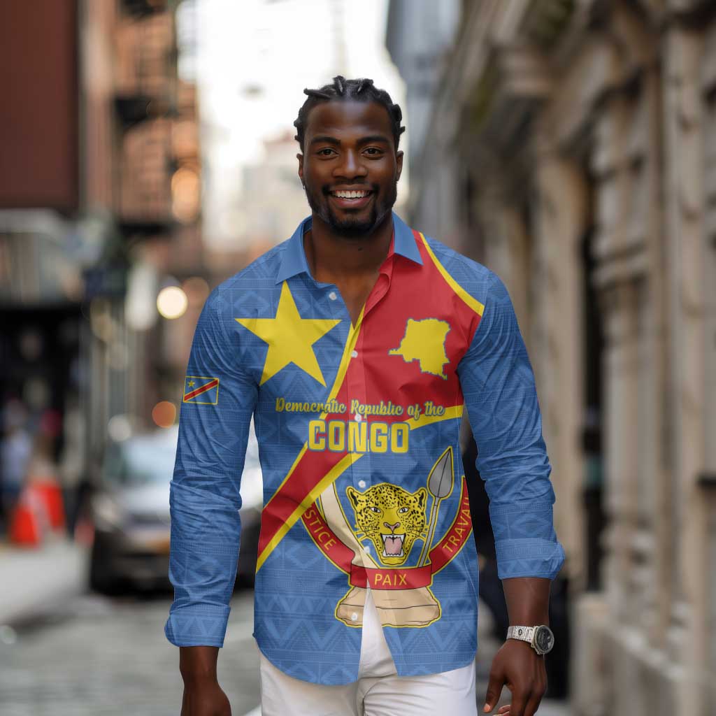 Personalised DR Congo Long Sleeve Button Shirt Coat Of Arms With Map