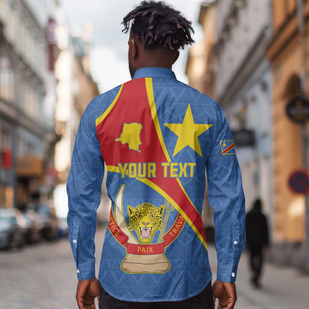 Personalised DR Congo Long Sleeve Button Shirt Coat Of Arms With Map