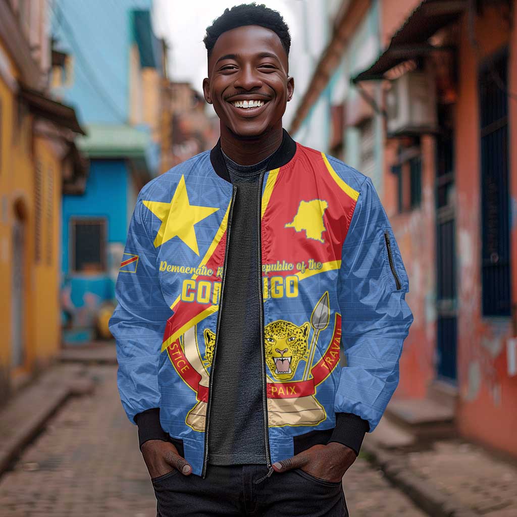Personalised DR Congo Sleeve Zip Bomber Jacket Coat Of Arms With Map