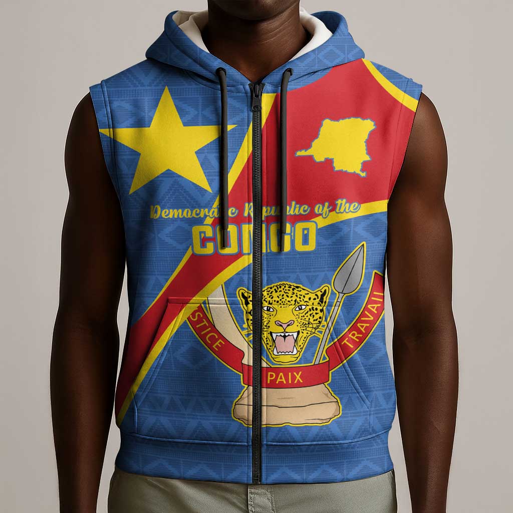 Personalised DR Congo Sleeveless Zip Hoodie Coat Of Arms With Map - African Pride