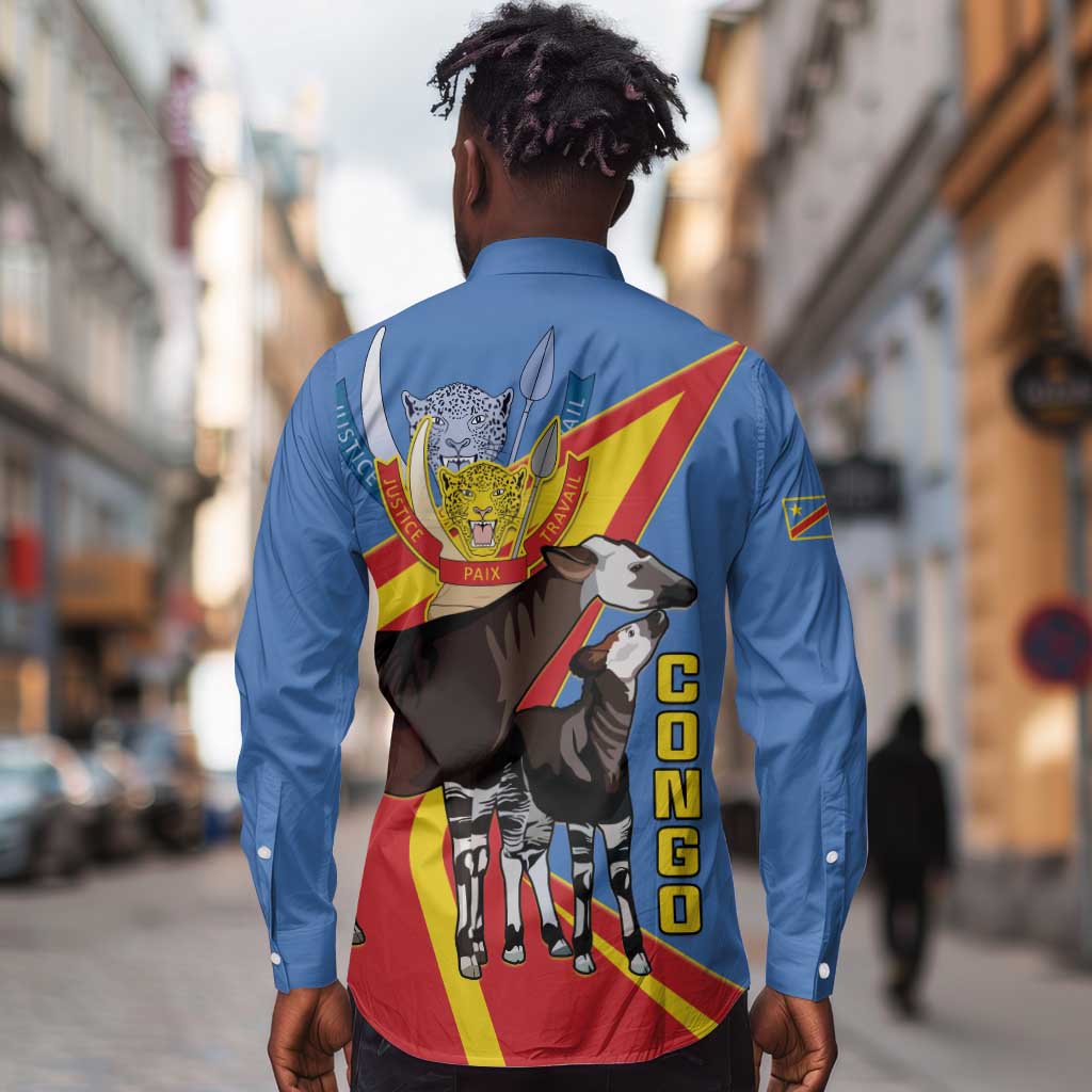 DR Congo Long Sleeve Button Shirt Okapi Coat Of Arms