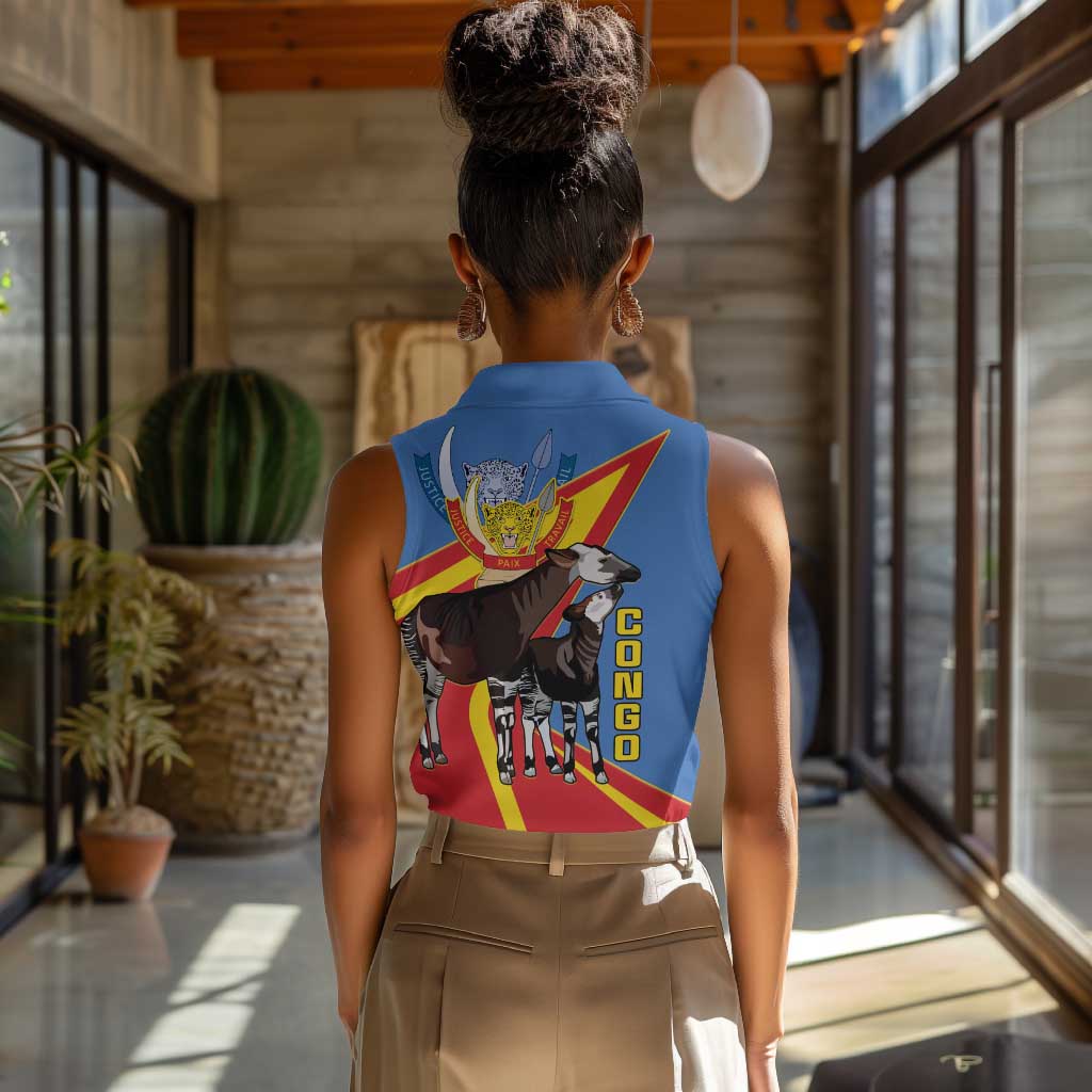 DR Congo Women Sleeveless Polo Shirt Okapi Coat Of Arms