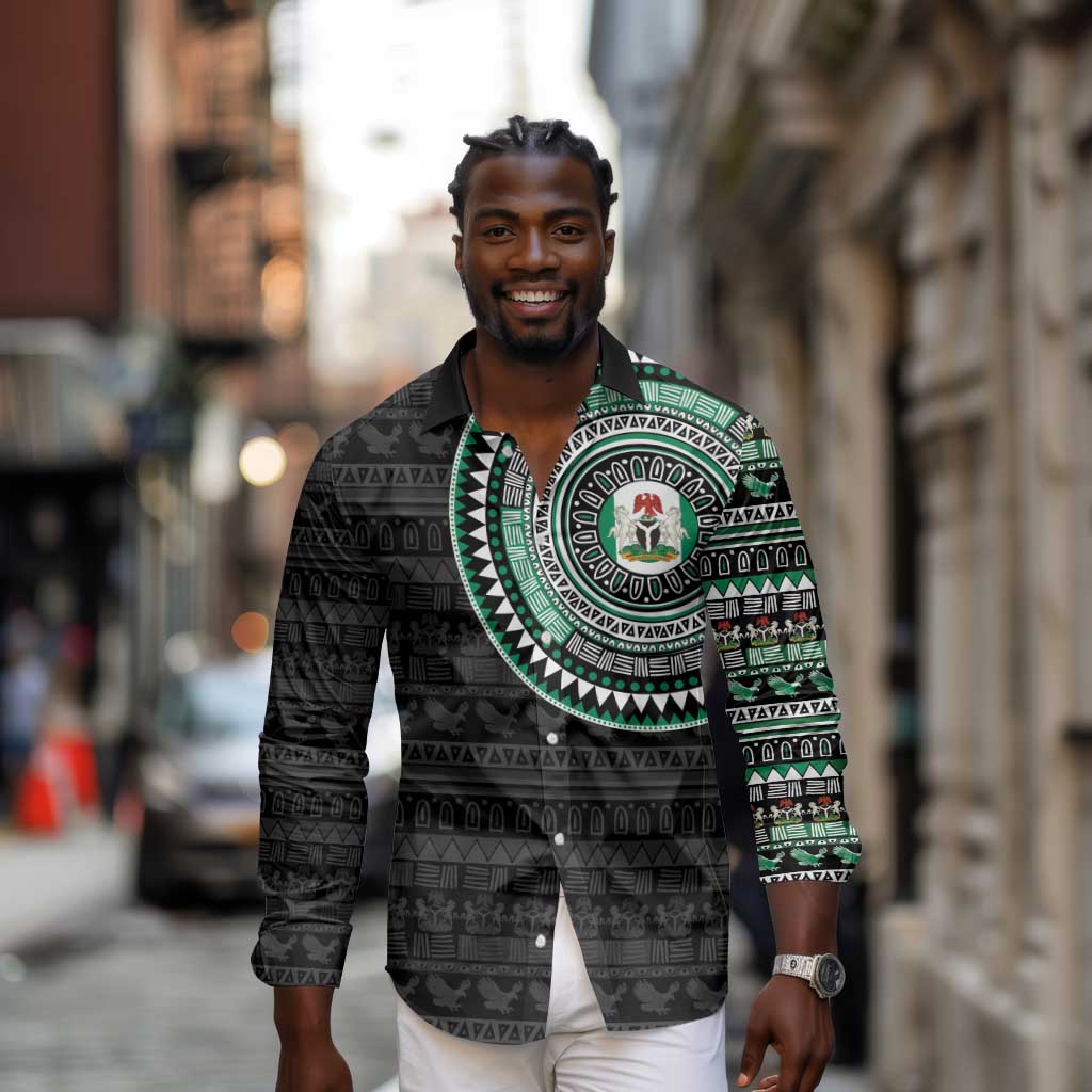 Nigeria African Tribal Pattern Long Sleeve Button Shirt Chest Arm Tattoo