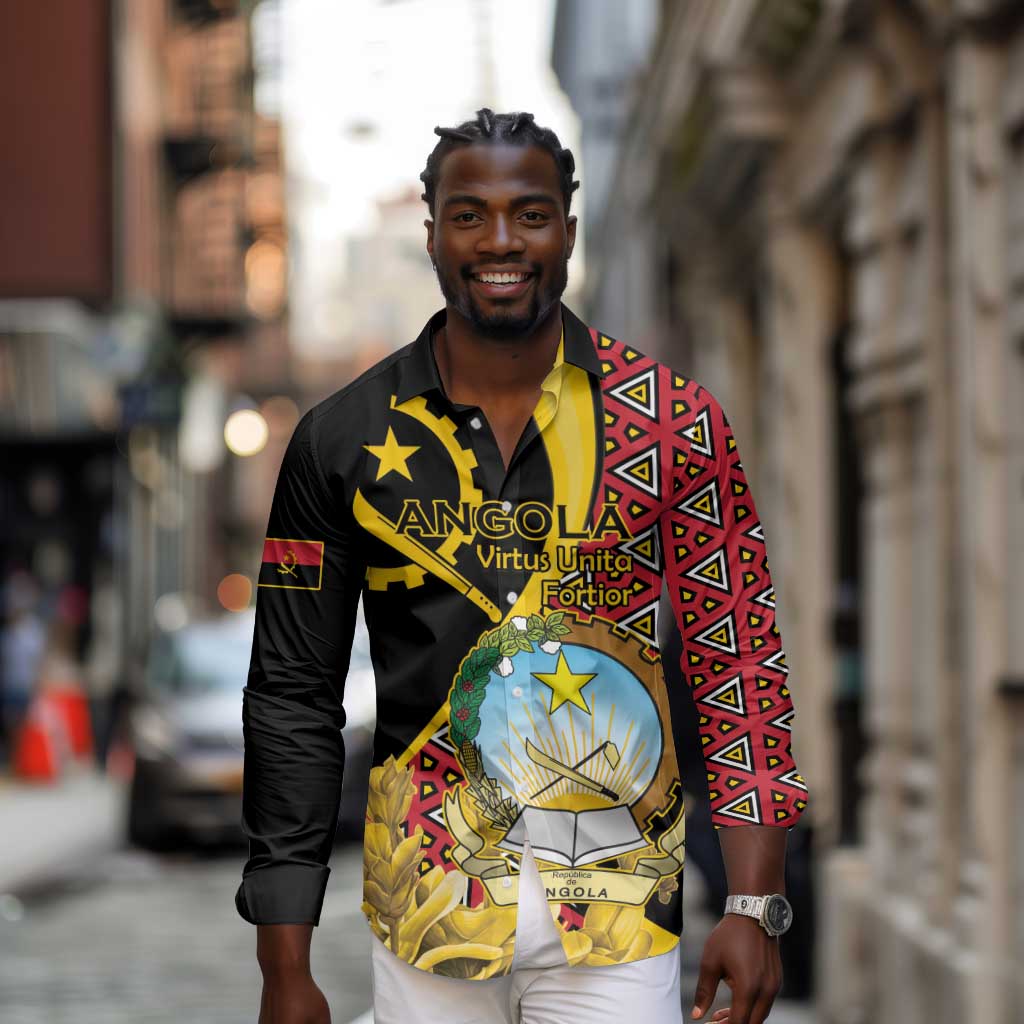Personalized República de Angola Long Sleeve Button Shirt Coat Of Arms With Map
