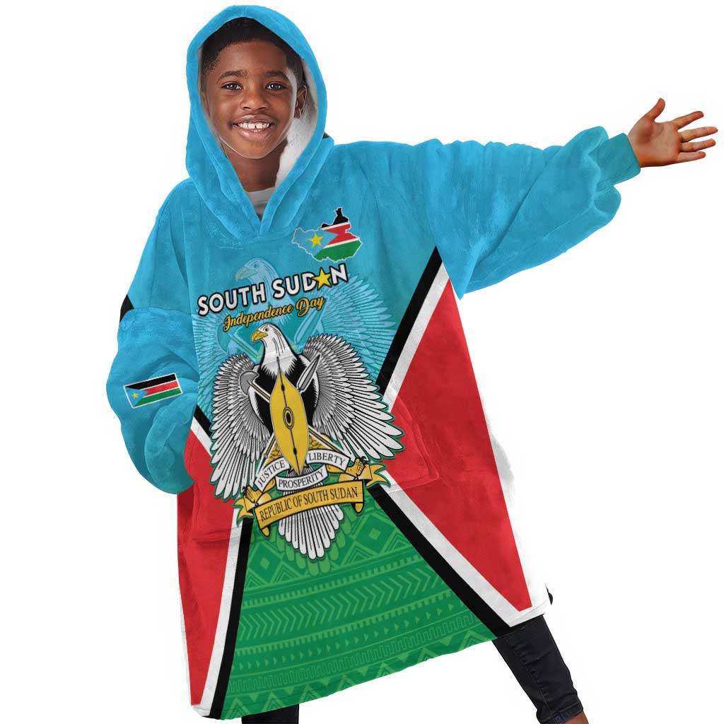 Personalised South Sudan Kid Wearable Blanket Hoodie Coat Of Arms - Happy Independence Day