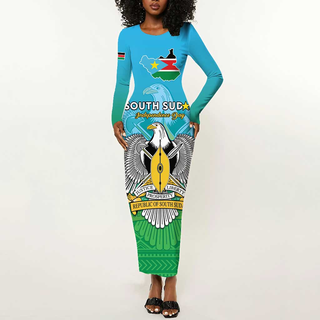 Personalised South Sudan Long Sleeve Bodycon Dress Coat Of Arms - Happy Independence Day