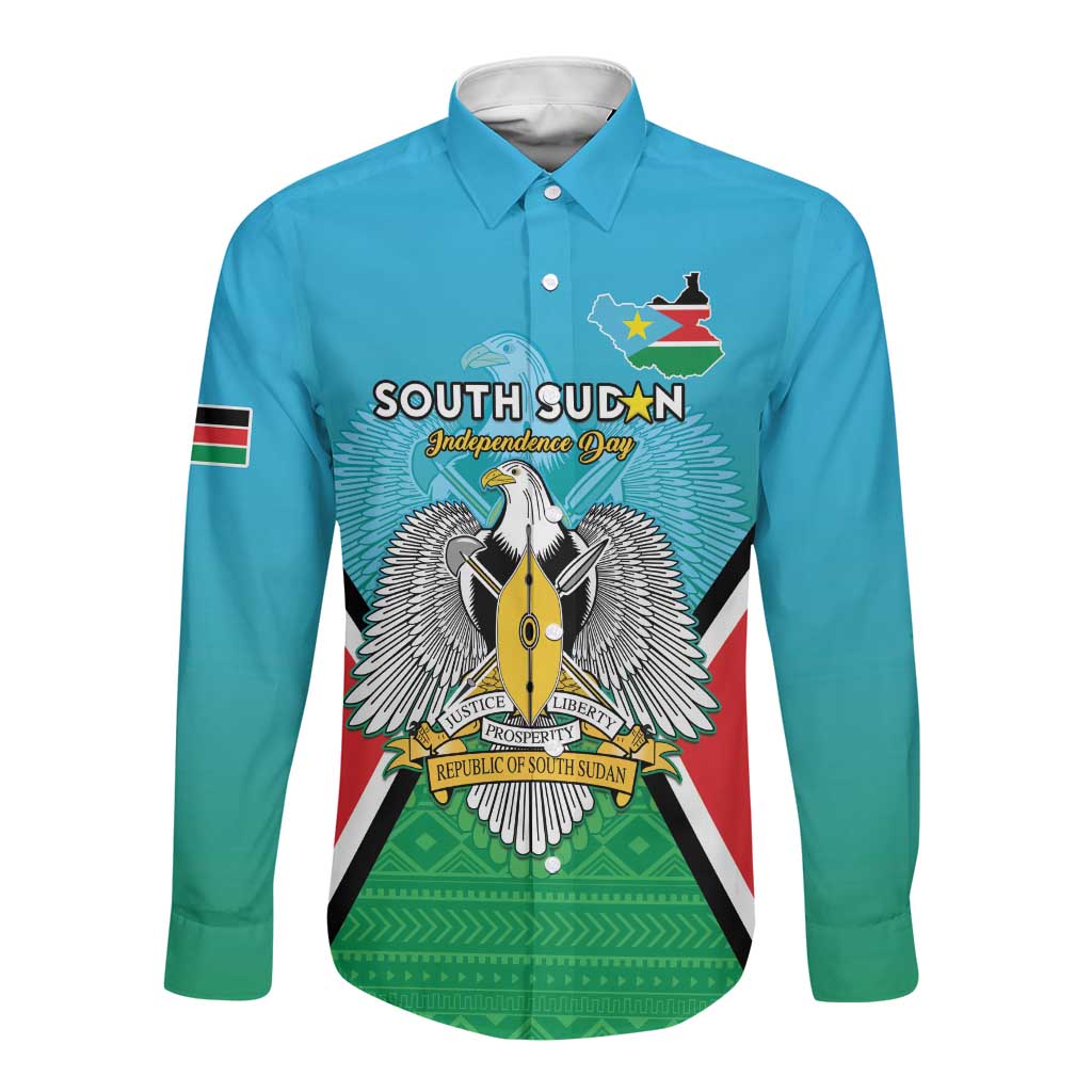 Personalised South Sudan Long Sleeve Button Shirt Coat Of Arms - Happy Independence Day