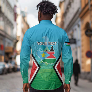 Personalised South Sudan Long Sleeve Button Shirt Coat Of Arms - Happy Independence Day