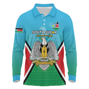 Personalised South Sudan Long Sleeve Polo Shirt Coat Of Arms - Happy Independence Day