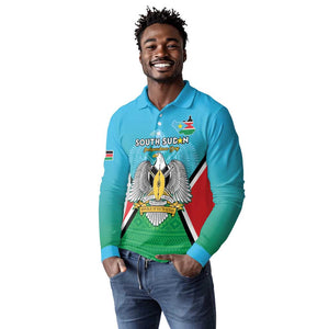 Personalised South Sudan Long Sleeve Polo Shirt Coat Of Arms - Happy Independence Day