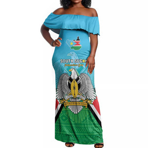 Personalised South Sudan Off Shoulder Maxi Dress Coat Of Arms - Happy Independence Day