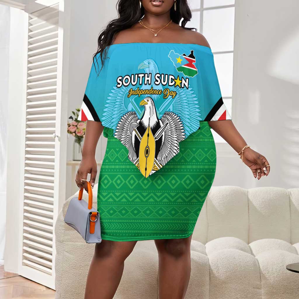 Personalised South Sudan Off Shoulder Short Dress Coat Of Arms - Happy Independence Day