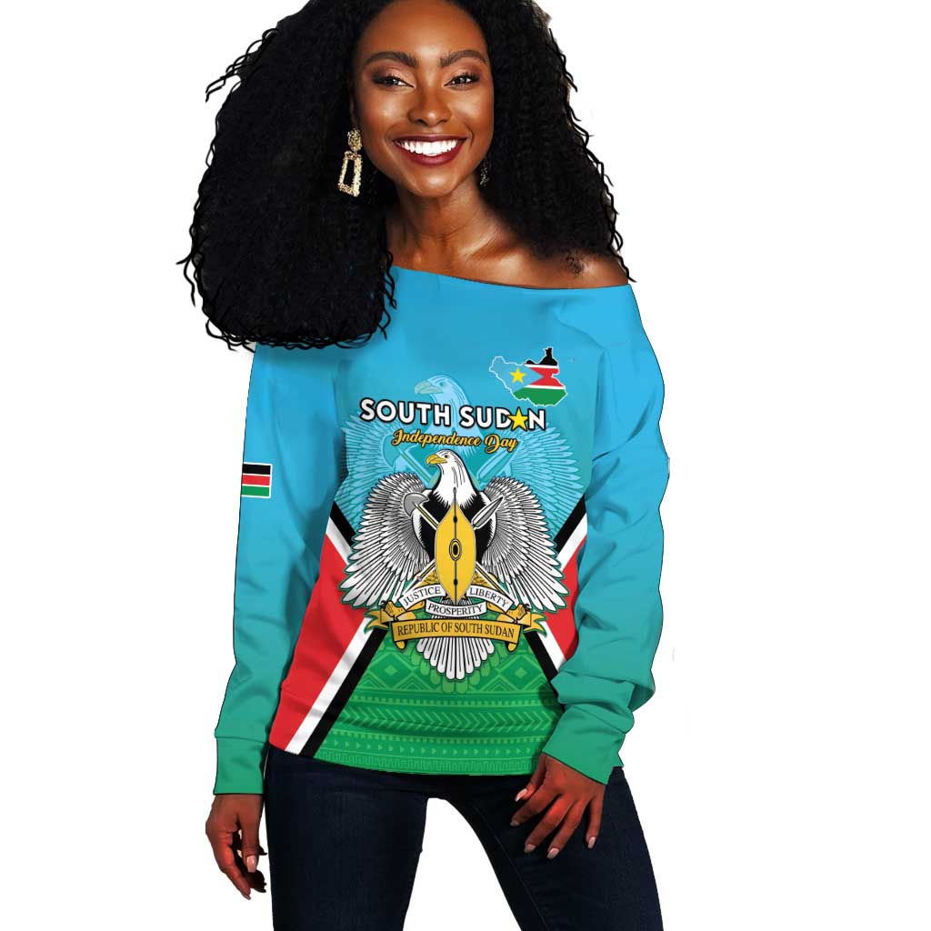 Personalised South Sudan Off Shoulder Sweater Coat Of Arms - Happy Independence Day