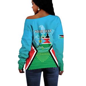 Personalised South Sudan Off Shoulder Sweater Coat Of Arms - Happy Independence Day