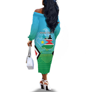 Personalised South Sudan Off The Shoulder Long Sleeve Dress Coat Of Arms - Happy Independence Day