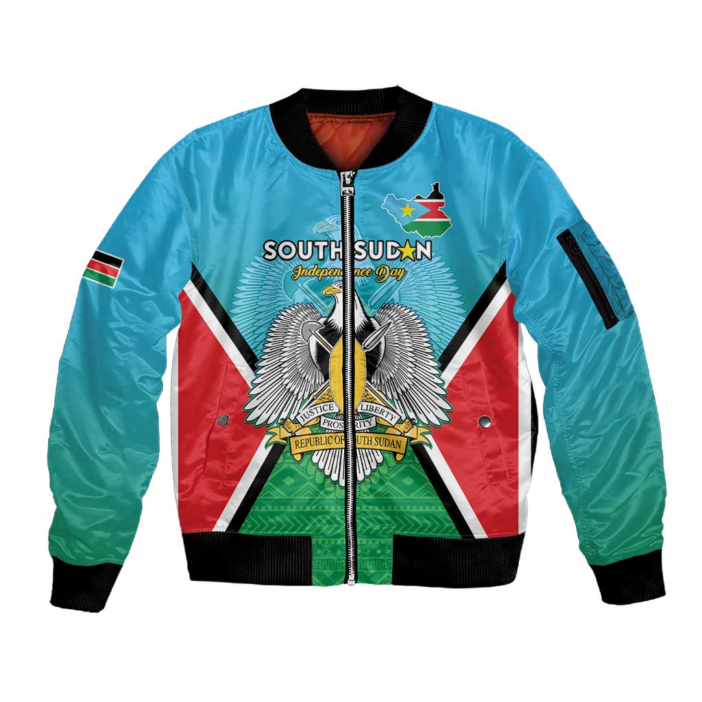 Personalised South Sudan Sleeve Zip Bomber Jacket Coat Of Arms - Happy Independence Day