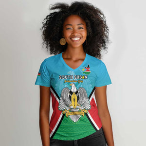 Personalised South Sudan Women V-Neck T-Shirt Coat Of Arms - Happy Independence Day