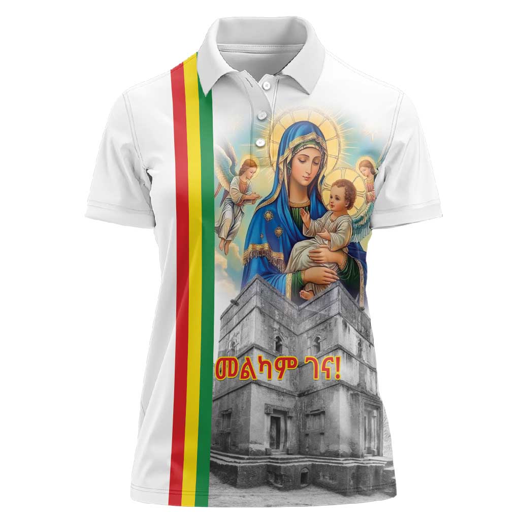 Melkam Gena Ethiopia Women Polo Shirt Saint Mary Lalibela Churches