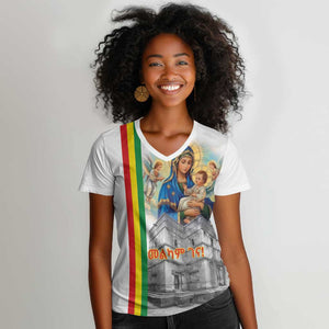 Melkam Gena Ethiopia Women V-Neck T-Shirt Saint Mary Lalibela Churches