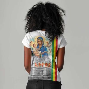 Melkam Gena Ethiopia Women V-Neck T-Shirt Saint Mary Lalibela Churches