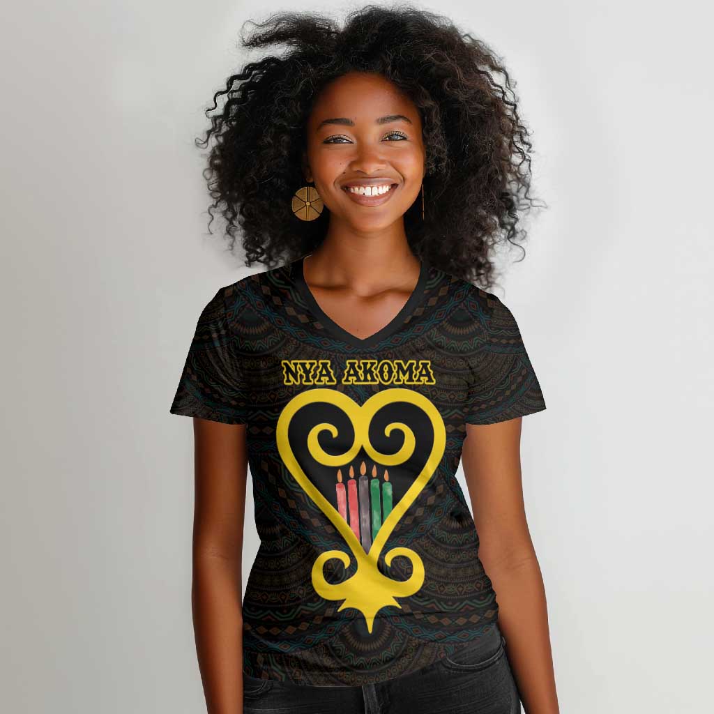 Personalized  African-American Black Love Day Women V-Neck T-Shirt Sankofa Heart - Nya Akoma