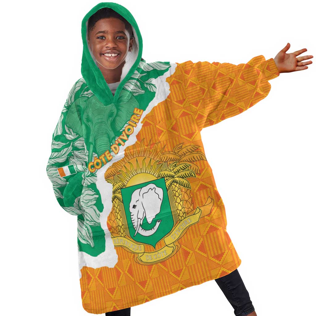 Personalized Afro Ivory Coast Kid Wearable Blanket Hoodie Coat Of Arms With Kente Pattern