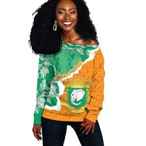 Personalized Afro Ivory Coast Off Shoulder Sweater Coat Of Arms With Kente Pattern