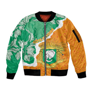 Personalized Afro Ivory Coast Sleeve Zip Bomber Jacket Coat Of Arms With Kente Pattern