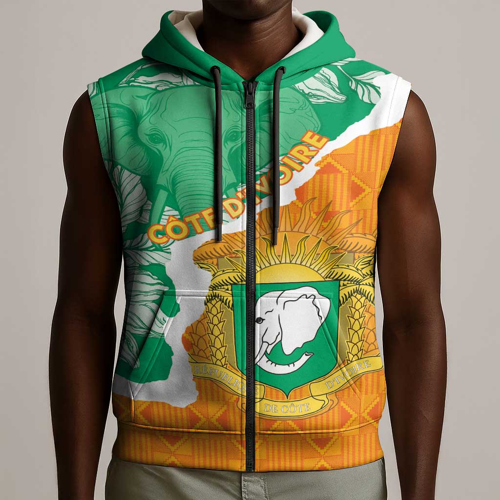 Personalized Afro Ivory Coast Sleeveless Zip Hoodie Coat Of Arms With Kente Pattern - African Pride