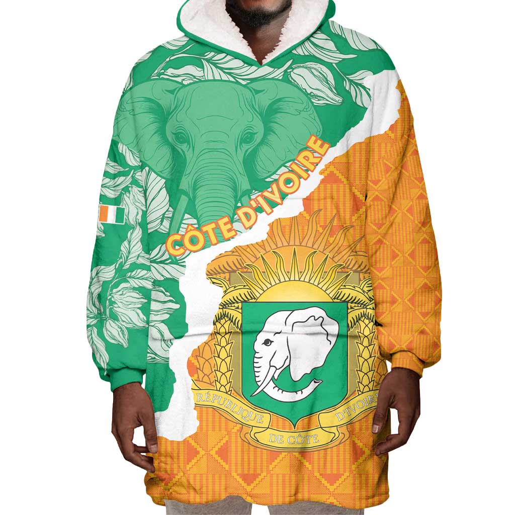 Personalized Afro Ivory Coast Wearable Blanket Hoodie Coat Of Arms With Kente Pattern