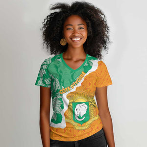 Personalized Afro Ivory Coast Women V-Neck T-Shirt Coat Of Arms With Kente Pattern