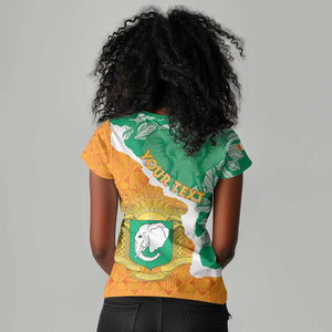 Personalized Afro Ivory Coast Women V-Neck T-Shirt Coat Of Arms With Kente Pattern