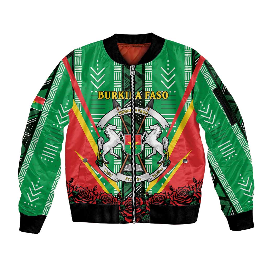 Personalised Afro Burkina Faso Sleeve Zip Bomber Jacket Coat Of Arms With Rose