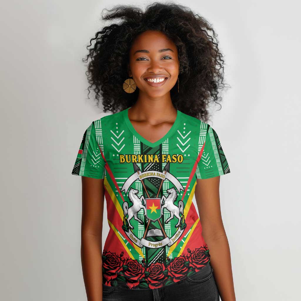 Personalised Afro Burkina Faso Women V-Neck T-Shirt Coat Of Arms With Rose